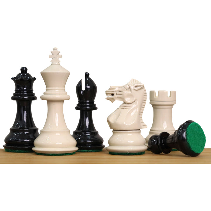Lote compuesto por piezas de ajedrez Pro Staunton de 7,8 cm (negras y marfil) + tablero de madera de ébano de 43 cm + caja de palisandro dorado