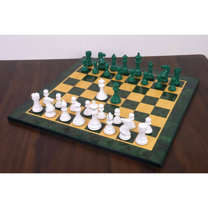 Combo of 4.1" Pro Staunton Weighted Chess Set - Pieces in Green & White Painted Boxwood with Board and Box