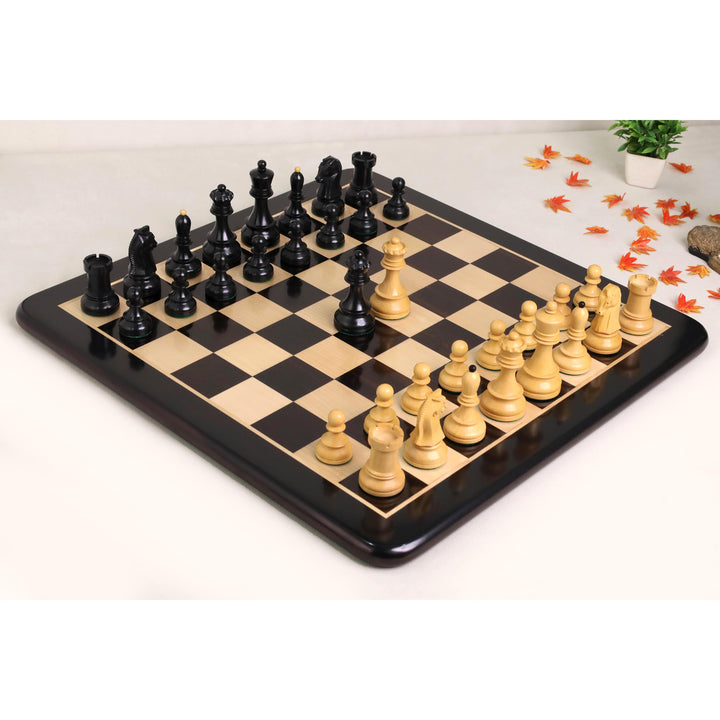 3,8-Zoll-Schachspiel „Fischer Dubrovnik“ aus den 1950er Jahren, aus Ebenholz und Buchsbaum, inklusive Brett und Schachtel