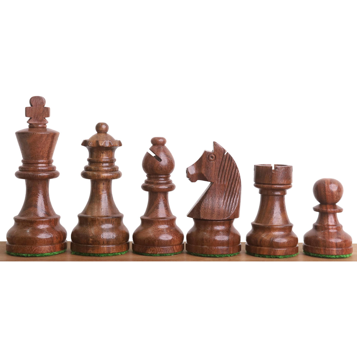 A lineup of individual Golden Rosewood Staunton chess pieces: King, Queen, Bishop, Knight, Rook, and Pawn.