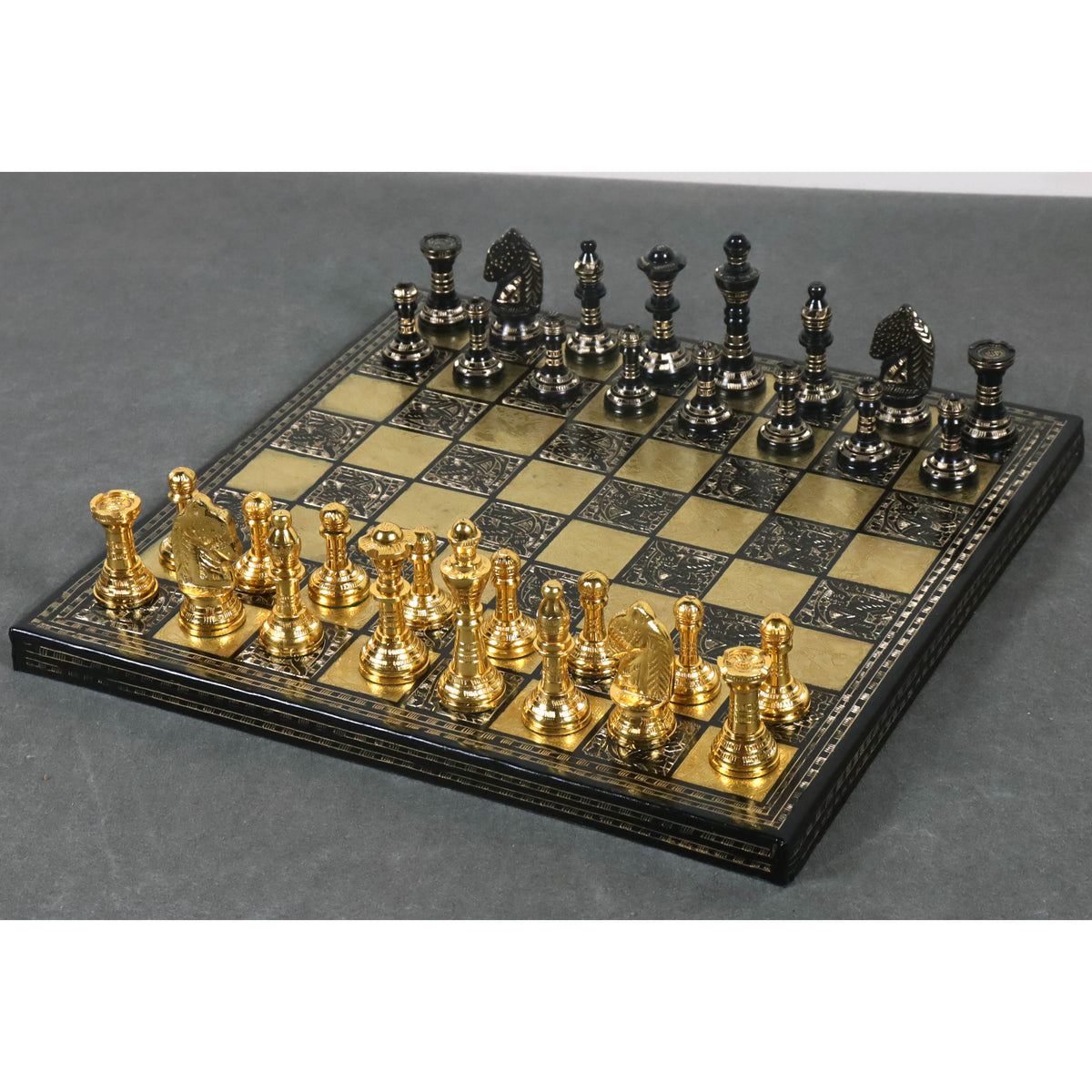 12" Staunton Inspired Luxury Brass Metal Chess Set - Gold & Black Pieces with Board