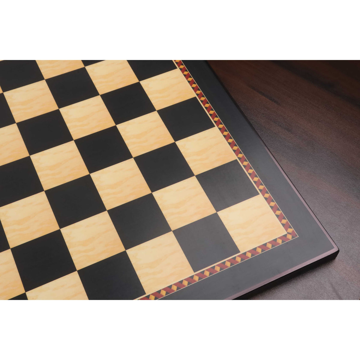 Detailed view of the matte finish and intricate geometric border of the Queen's Gambit printed wood chess board.