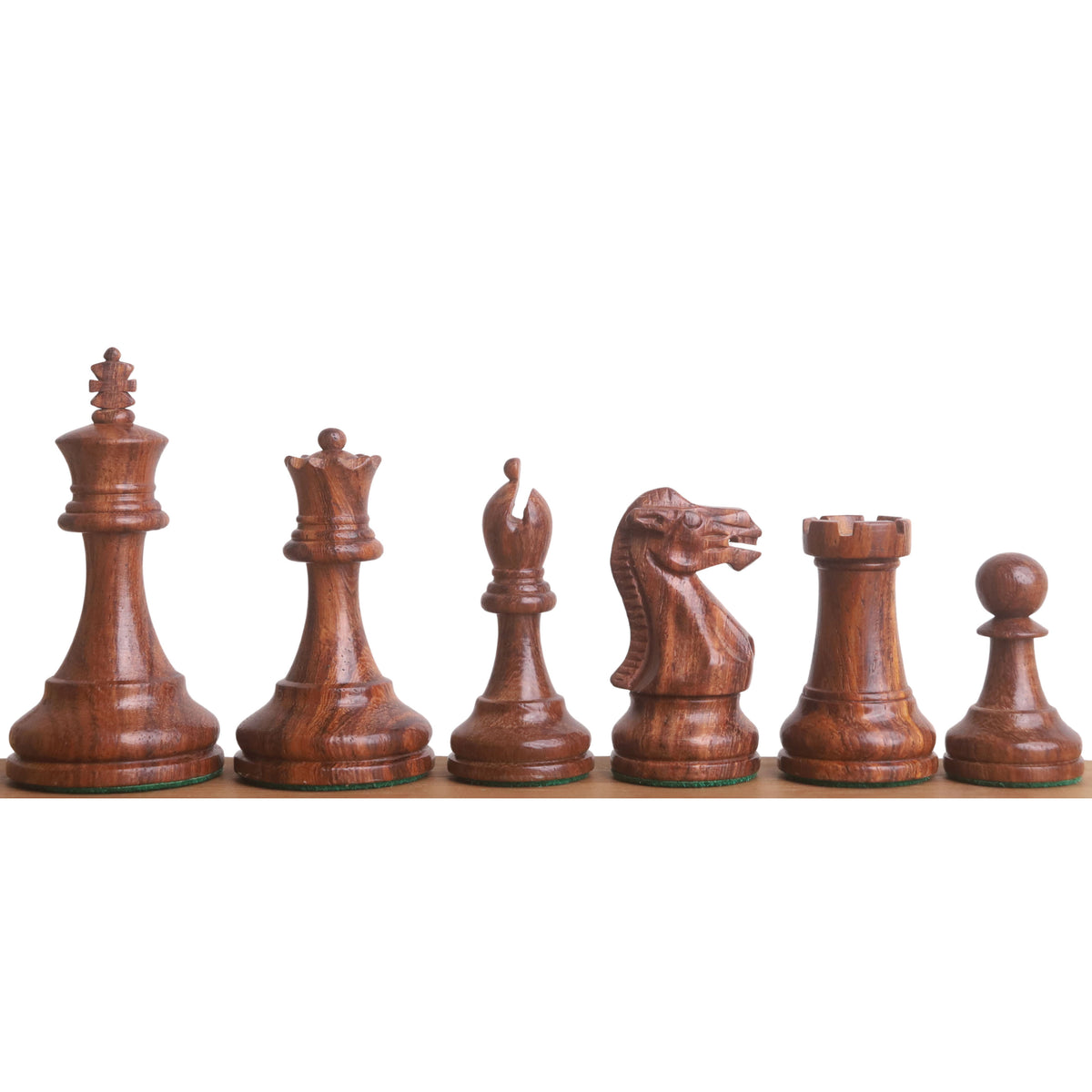 Premium Golden Rosewood Pro Staunton chess pieces showing natural wood grain and polished finish.