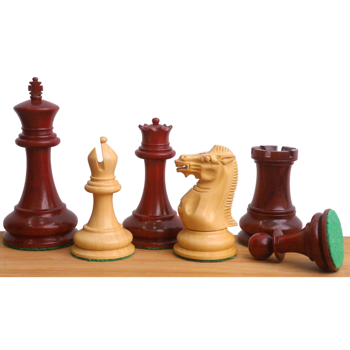 Bud rosewood 1849 Jacques Cook Staunton chess pieces showing detailed craftsmanship.