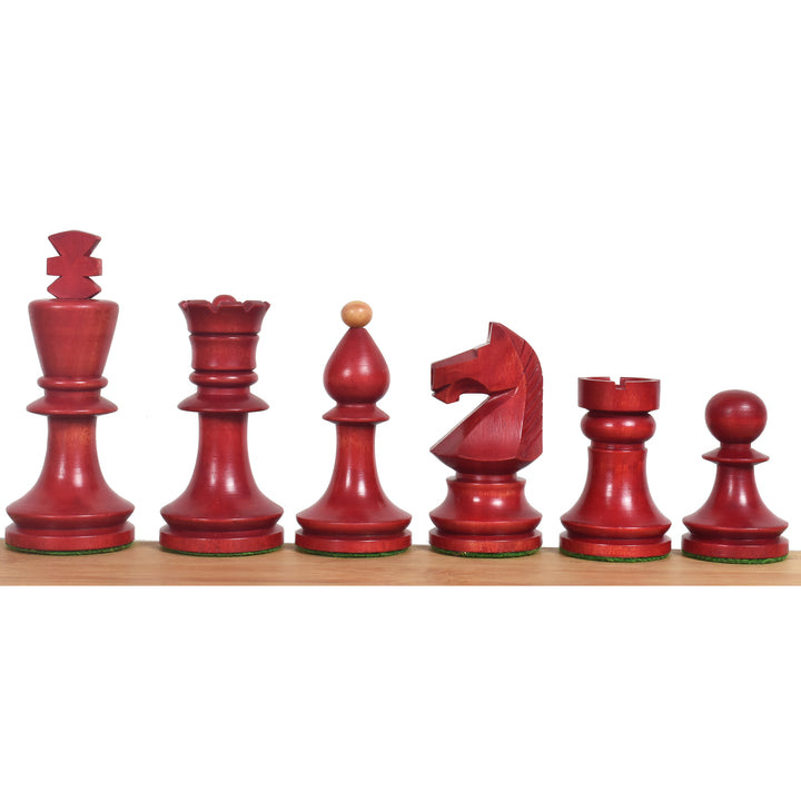 Jeu d'échecs roumano-hongrois de 9,6 cm, légèrement abîmé – Pièces d'échecs uniquement – Bois de buis teinté rouge et lesté