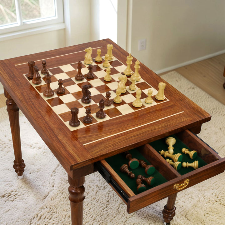 Combo of 30" Chessmaster's Series Golden Rosewood Chess Table with 4.1" Pro Staunton Weighted Golden Rosewood Pieces with Storage Drawers