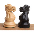 Detailed view of handcrafted boxwood and ebonised knights from the Pro Staunton collection.