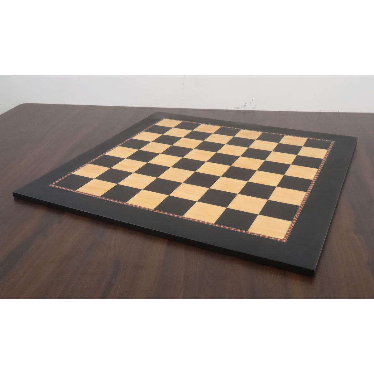 Angled perspective of the 21-inch Queens Gambit wooden printed chess board with matt finish.