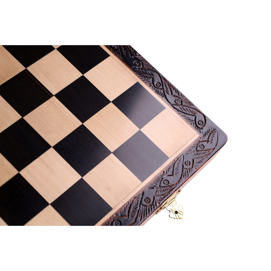 16" Laurel Series Burnt Carving Lacquered Staunton Chess Set – Magnetic Ebony & Maple Wooden Folding Board