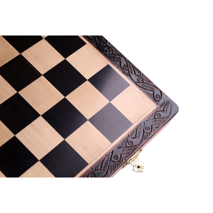 16" Laurel Series Burnt Carving Lacquered Staunton Chess Set – Magnetic Ebony & Maple Wooden Folding Board