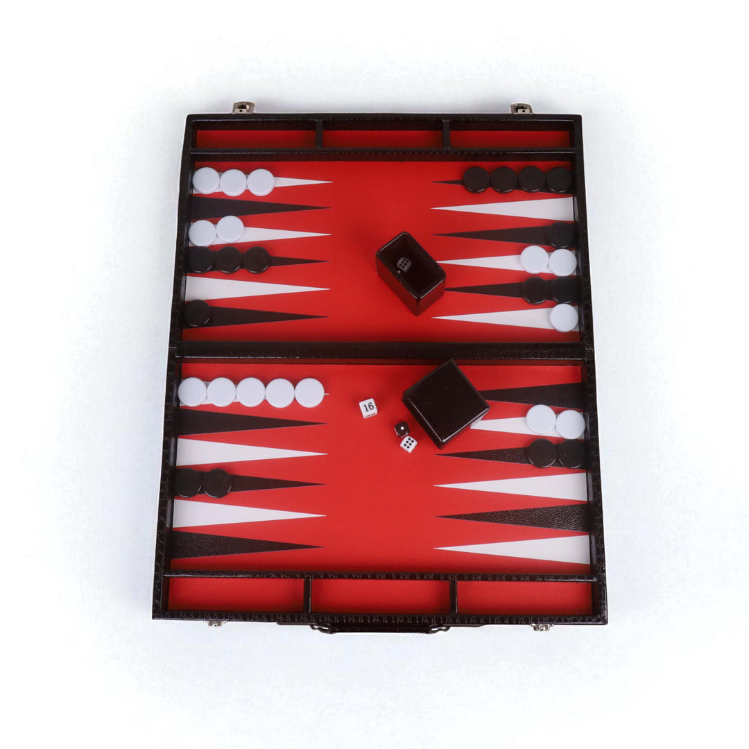 Juego de backgammon de cuero sintético negro de 18 pulgadas: juego de mesa de viaje tipo maletín con superficie de juego roja y blanca.