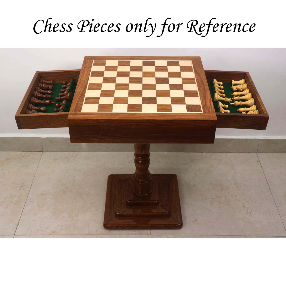 Wooden chess table with open drawers storing weighted Staunton style chess pieces.