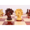 Detailed hand-carved bud rosewood and boxwood Staunton knights.