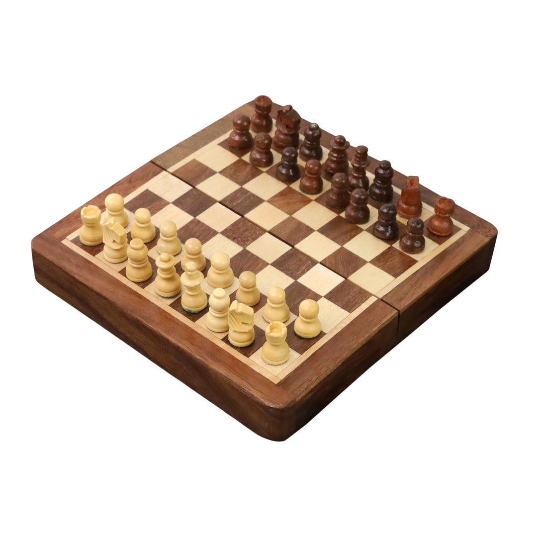 Slightly Imperfect Golden Rosewood Wooden Inlaid Magnetic Chess set 5" with Folding Board - Warehouse Clearance - USA Shipping Only