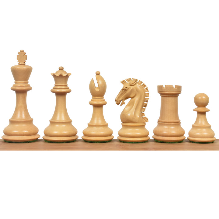 Natural boxwood light pieces of the 3.9" Craftsman Staunton chess set standing in descending order.