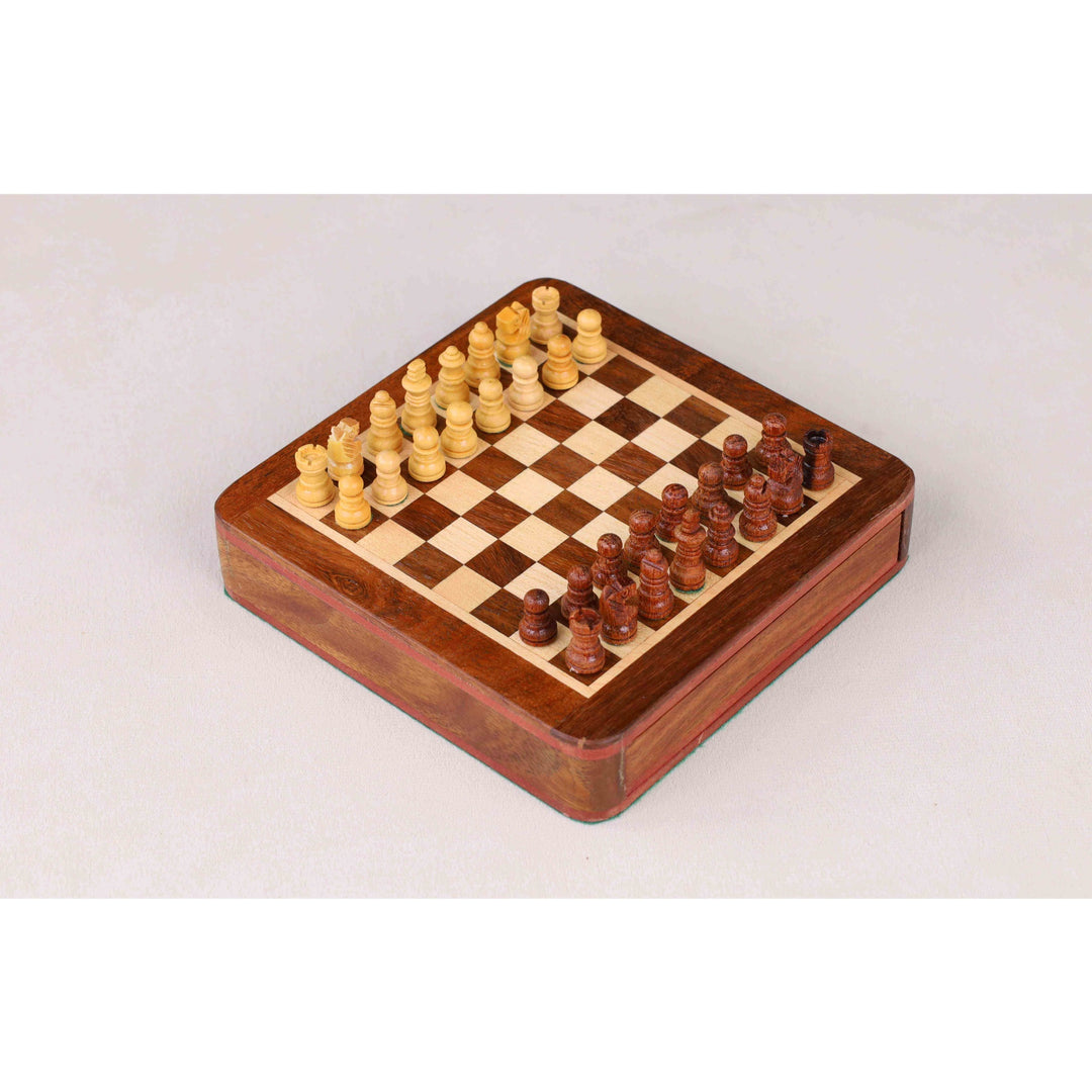 Magnetic Travel Chess set with Drawer 5" Golden Rosewood