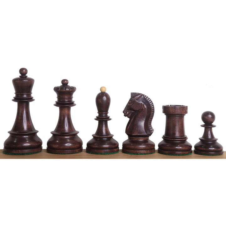 Full lineup of dark mahogany stained Fischer Dubrovnik chess pieces.