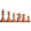 Complete lineup of antiqued boxwood 1950s Soviet Grandmaster chess pieces from king to pawn.