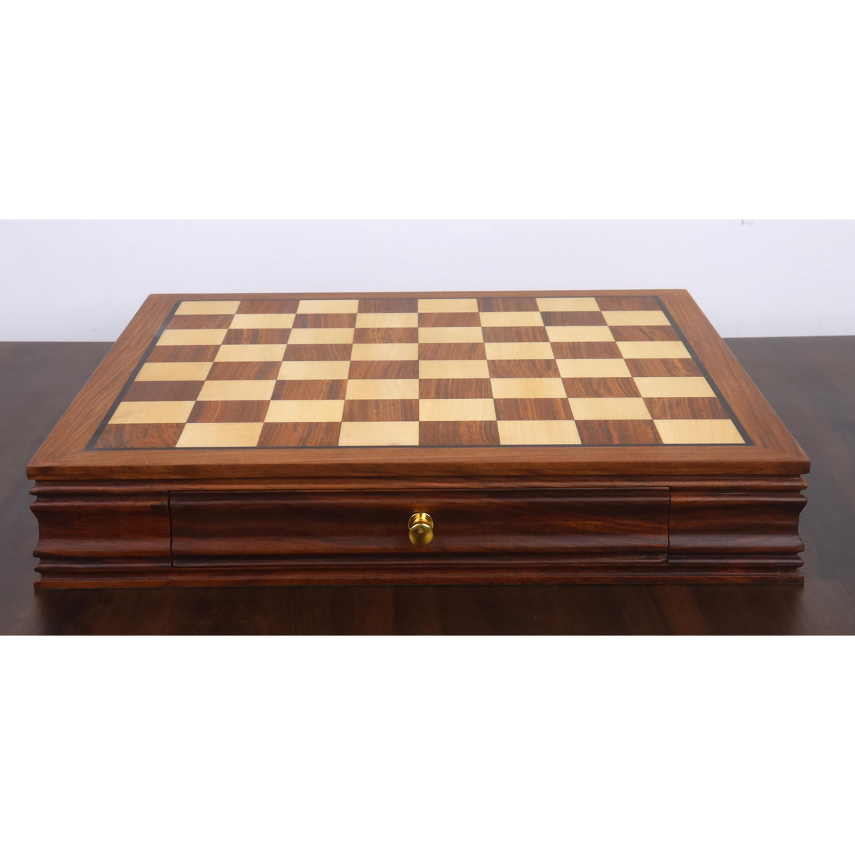 Premium 20-inch golden rosewood chess board with integrated storage drawer.