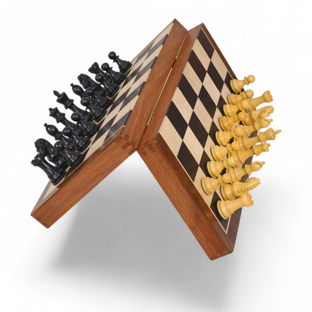 16" Craftsman Folding Magnetic Travel Chess Set – Ebony & Maple Wood Board with Ebonized Pieces | Luxurious Gift Set