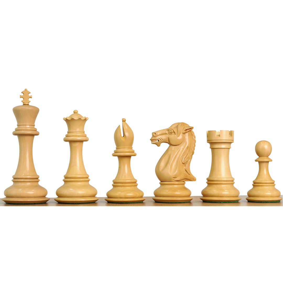 Complete set of golden rosewood chess pieces arranged in a row.