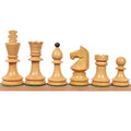 Complete set of Romanian Hungarian style boxwood chess pieces arranged sequentially against a white background.