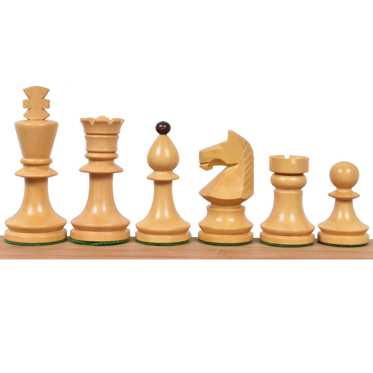 Complete set of Romanian Hungarian style boxwood chess pieces arranged sequentially against a white background.