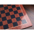 High-angle shot highlighting the high-gloss finish and reflective surface of the Brown Ash Burl and Ebony printed chess board.