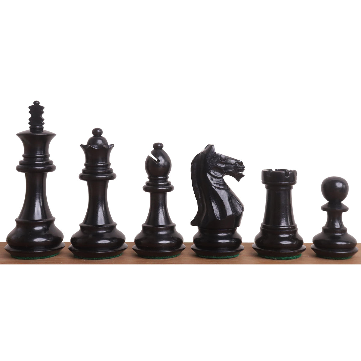 Side profile lineup of the complete Fierce Knight Staunton Ebonized chess pieces.