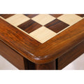 Close-up of the inlaid chess board surface featuring premium Golden Rosewood and Maple squares with a smooth polished finish.