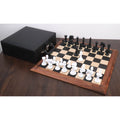 Full set of 4.1 inch texture painted Staunton chess pieces set up on a chessboard beside a black storage box.