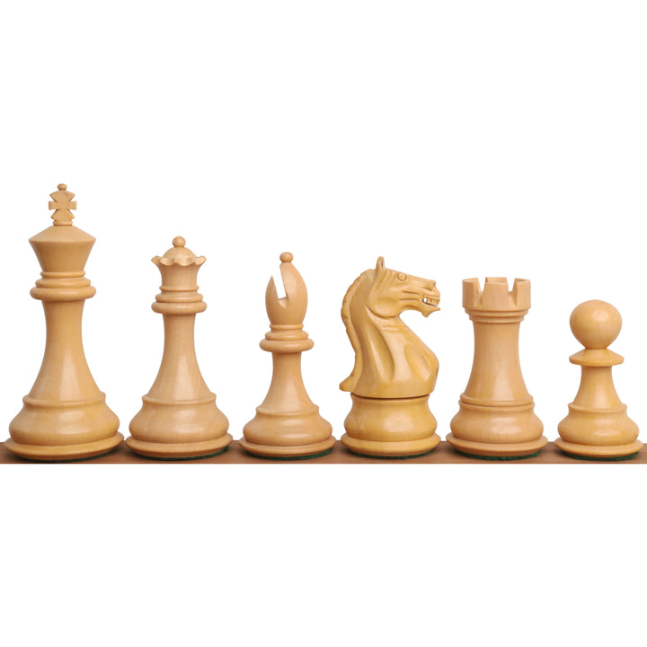 Light boxwood Fierce Knight chess pieces lineup showcasing classic Staunton craftsmanship.