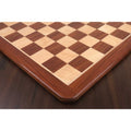 Angled view of the luxury wooden chess board featuring 65mm squares and a thick solid wood border.