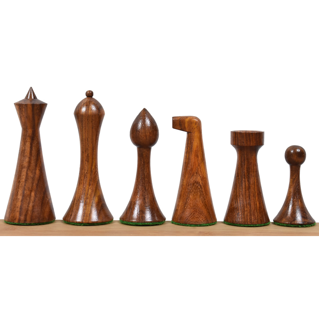 Side profile of weighted Herman Ohme minimalist chess pieces in golden rosewood and boxwood.