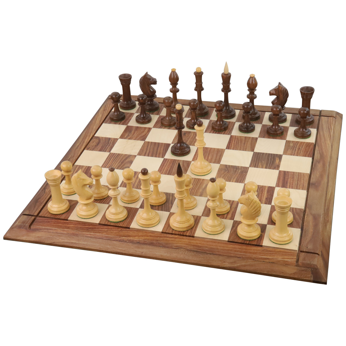 Averbakh Soviet Russian chess pieces arranged on a 21-inch Drueke style golden rosewood board.