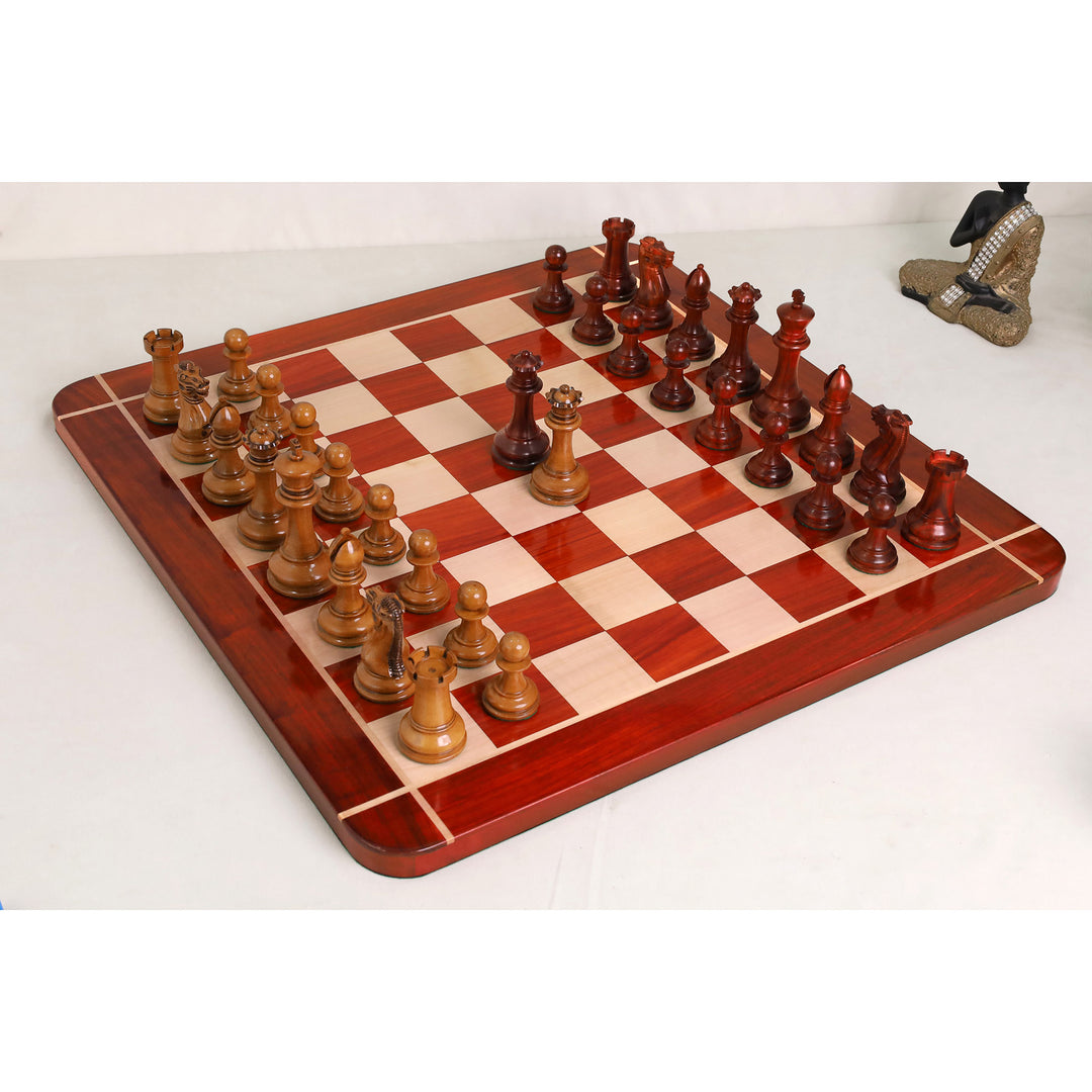 Combo of 1849 Original Staunton Chess Set- Lacquered Distress Antiqued Boxwood & Bud Rosewood - 4.5" King With Board and Box