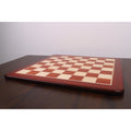 Low-angle wide shot of the 25 inch large chess board showing the expansive playing surface.