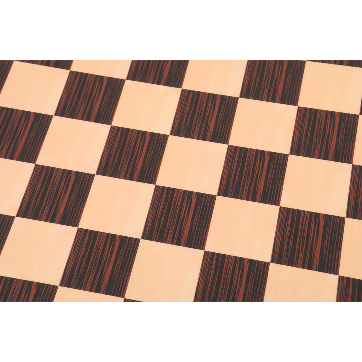 Macro shot of the alternating Tiger Ebony and Maple printed squares on a professional-grade chess board.