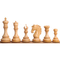An eye-level lineup of all six individual Goliath Series weighted Boxwood Staunton chess pieces, showing their precise craftsmanship and design.