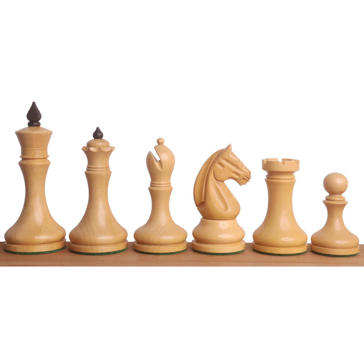 Light natural boxwood pieces of the 3.8" Candidates Series Minimalist chess set lined up sequentially.