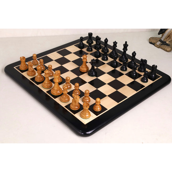 Combo of 1972 Championship Fischer Spassky Chess Set - Lacquered Distress Antiqued Boxwood & Ebony With Board and Box
