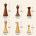 Dimensional chart for Herman Ohme minimalist chess pieces in Golden Rosewood and Boxwood.