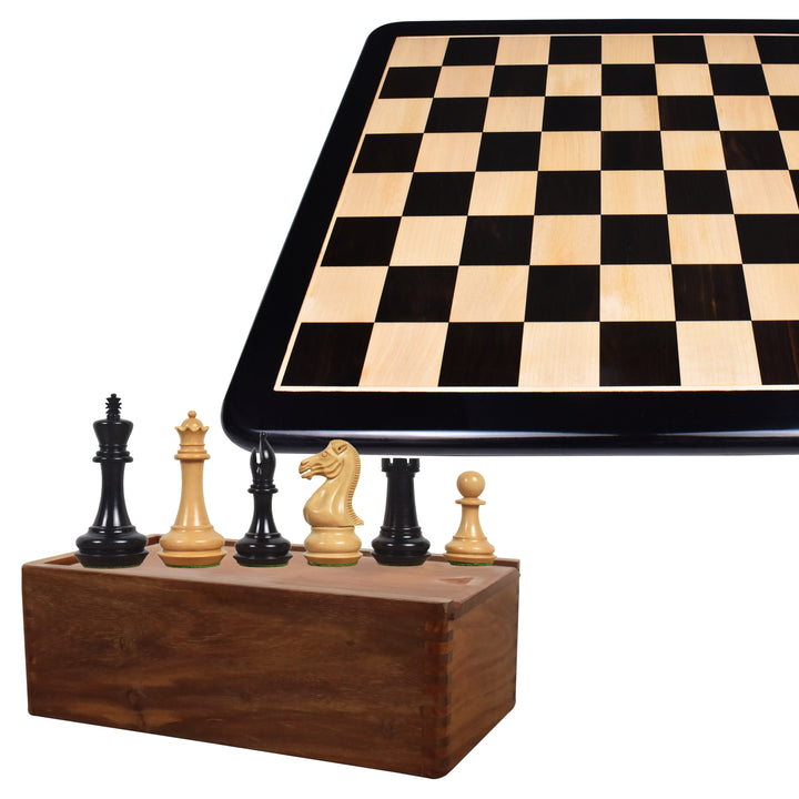 Pièces d'échecs en bois d'ébène Staunton à base chanfreinée de 4.1" avec échiquier en bois d'ébène et d'érable massif de 21" au choix du joueur - finition mate et boîte de rangement pour pièces d'échecs en bois de rose doré
