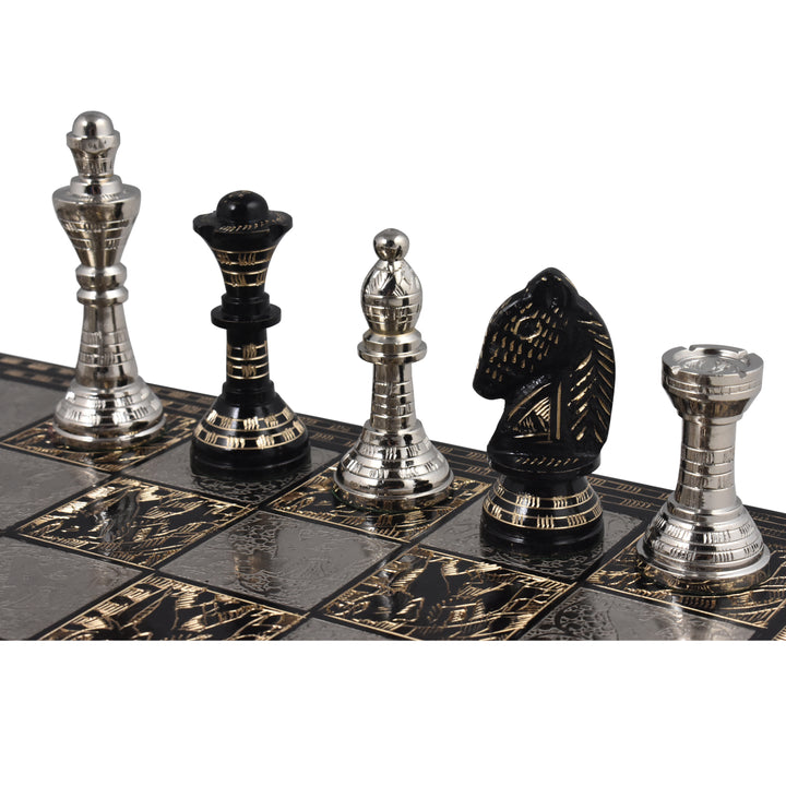 Staunton Inspired Brass Metal Luxury Chess Pieces & Board Set- 12" -Silver & Black - Warehouse Clearance - USA Shipping Only