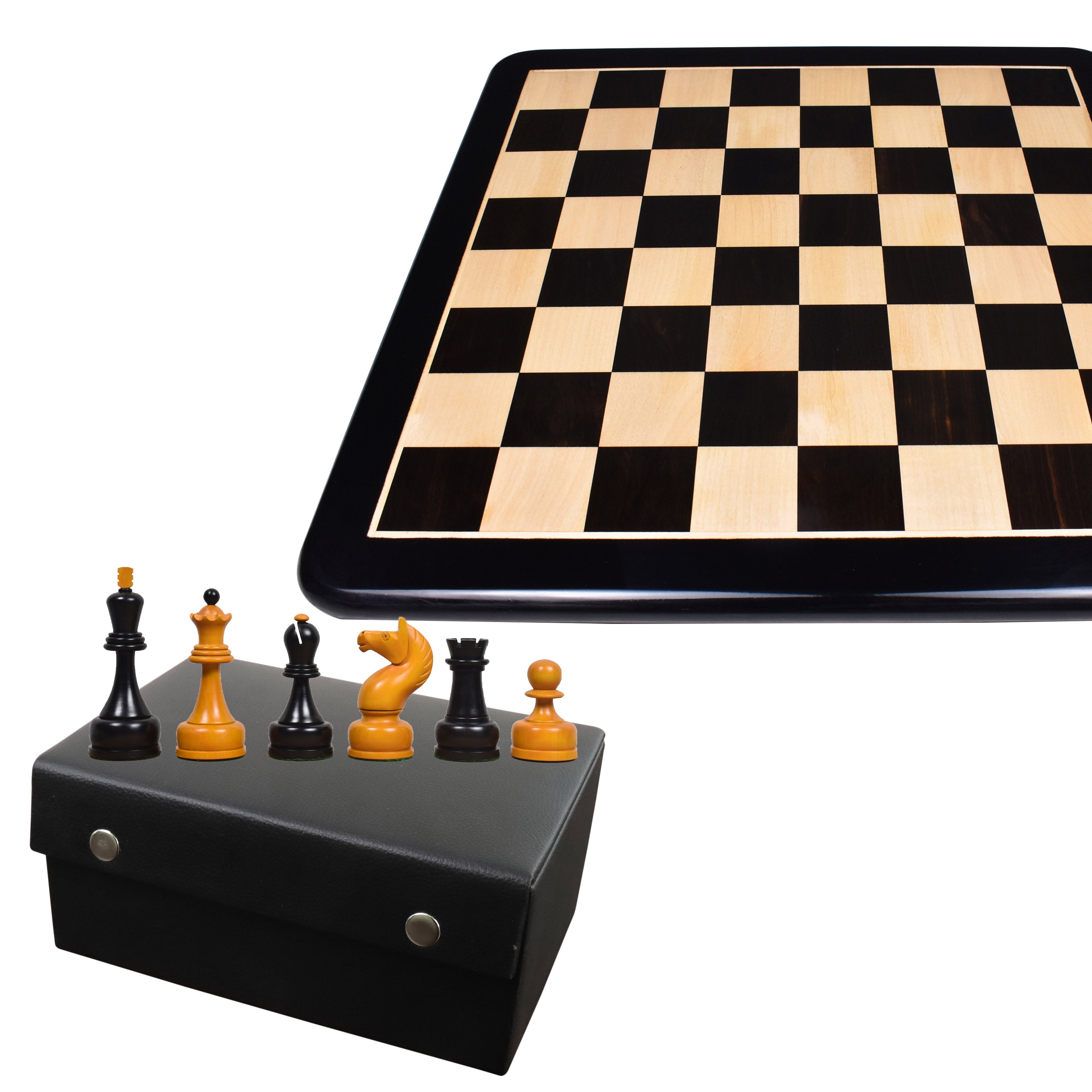 Combo of 1960's Soviet Championship Tal Chess Set - Pieces in Antiqued Boxwood with 21" Chess Board and Storage Box