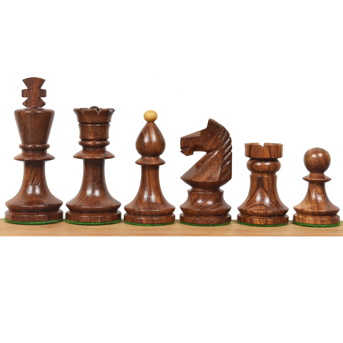 Weighted golden rosewood chess pieces featuring the distinct Romanian Hungarian profile and grains.