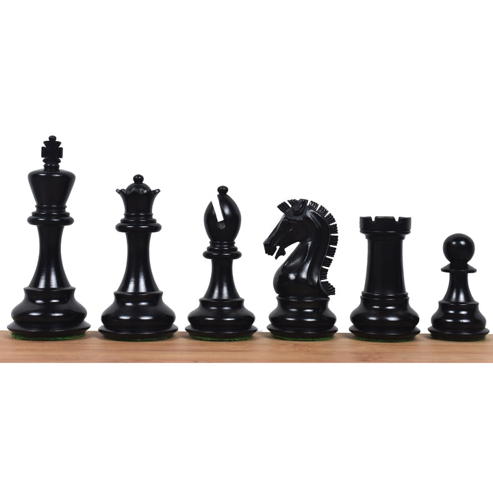 Dark ebonised boxwood pieces of the 3.9" Craftsman Staunton chess set lined up from King to pawn.