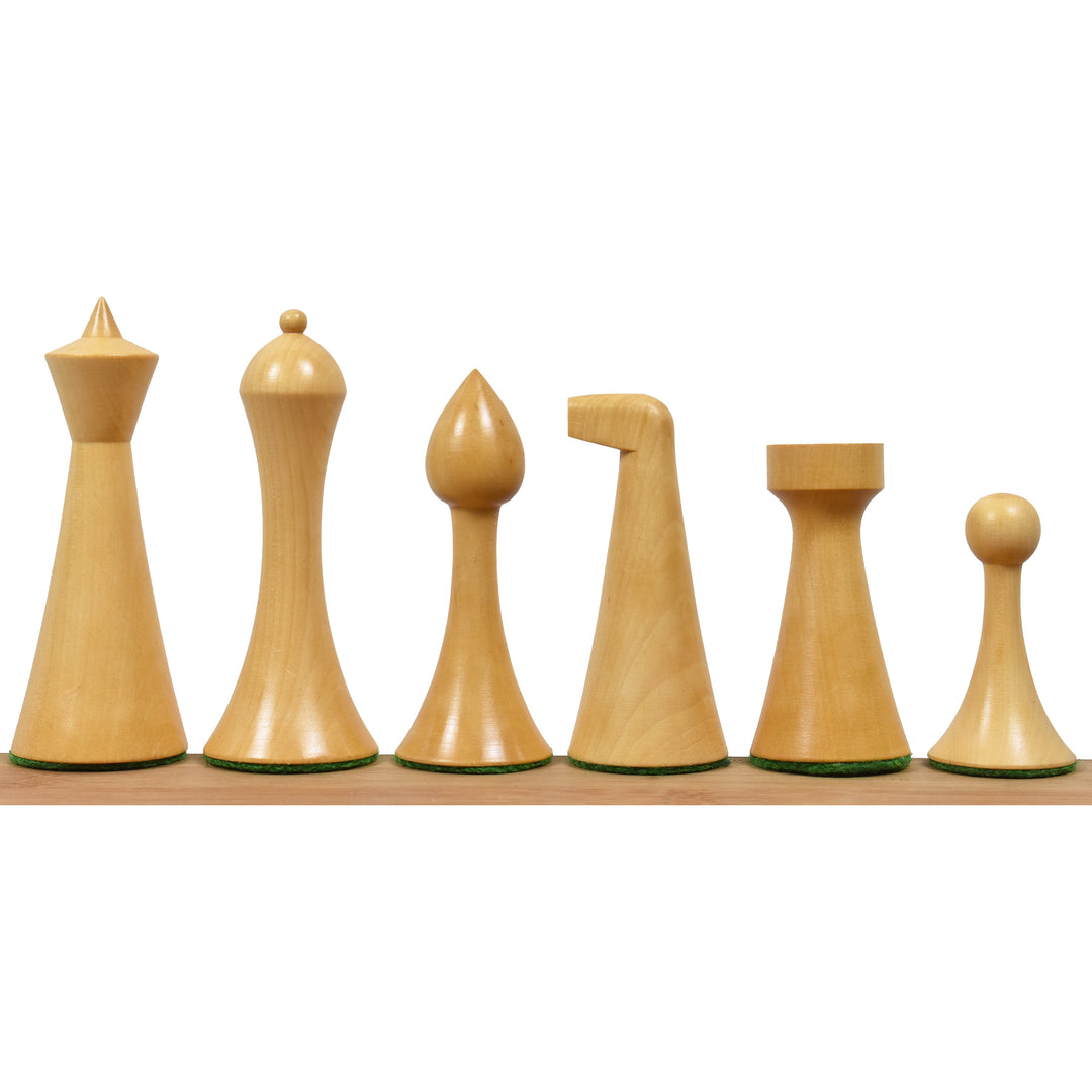 Angled view of the minimalist Herman Ohme chess pieces displayed on a glossy golden rosewood board.