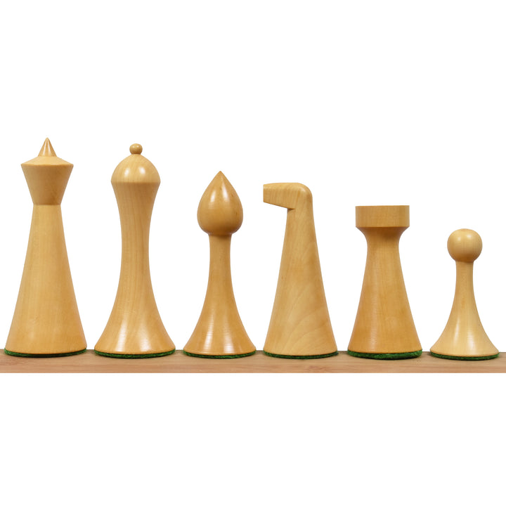 Angled view of the minimalist Herman Ohme chess pieces displayed on a glossy golden rosewood board.