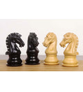 Detailed profile of hand-carved Craftsman Staunton Knights in ebonised boxwood and natural boxwood.